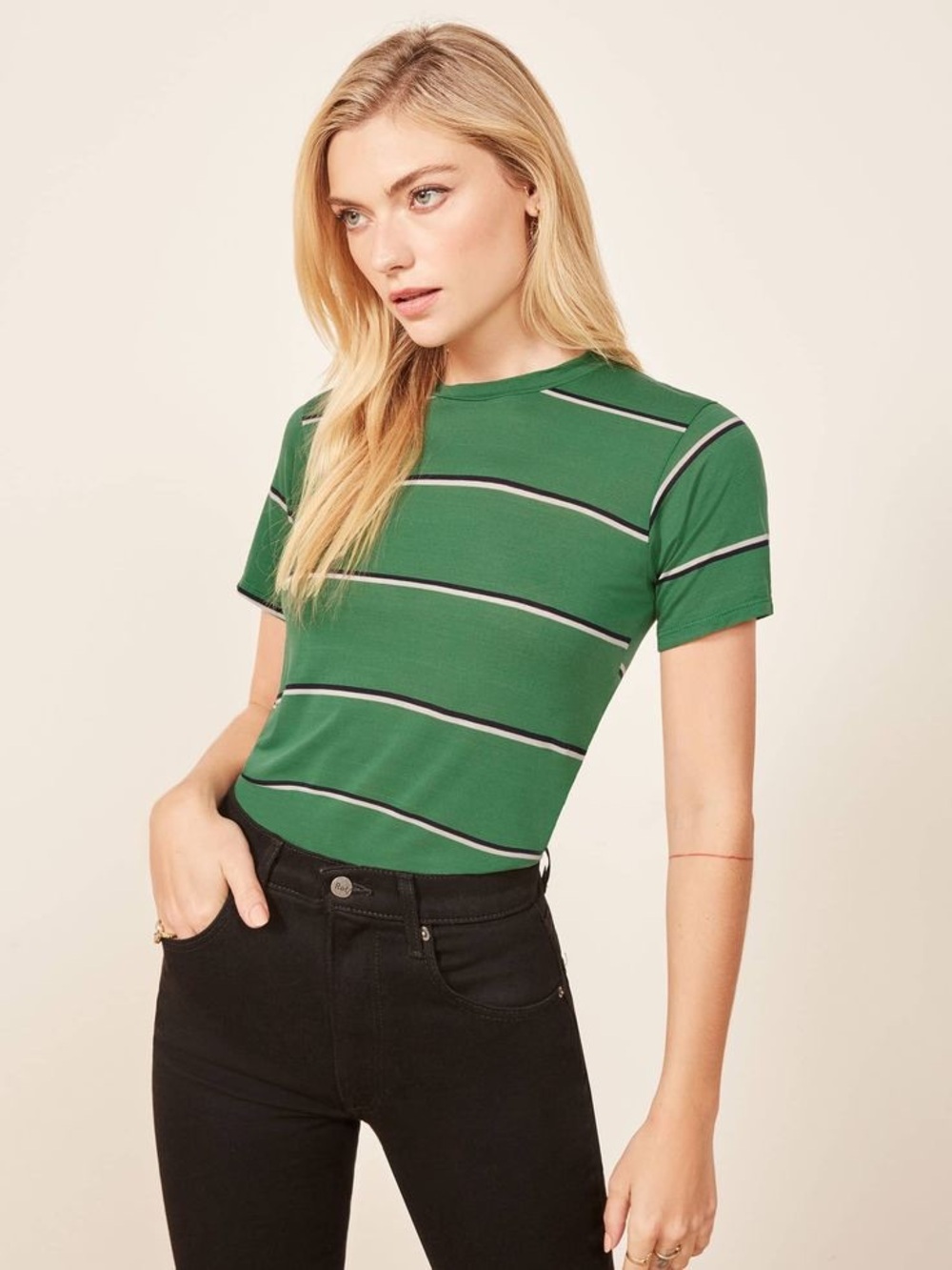Reformation Joplin Relaxed Striped Green Short Sleeve Tee